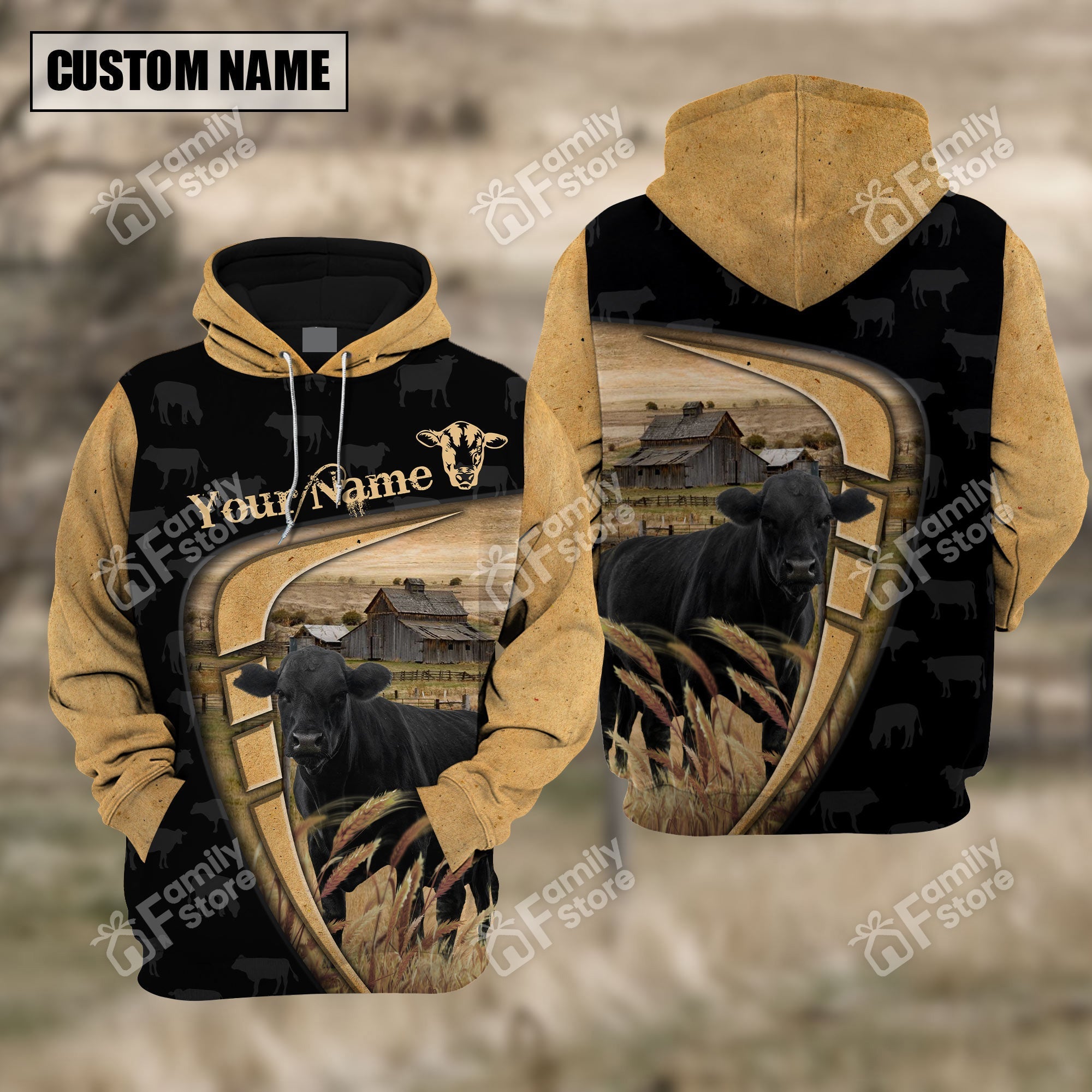 Personalized Name Uni Farm Black Angus Black Yellow Hoodie