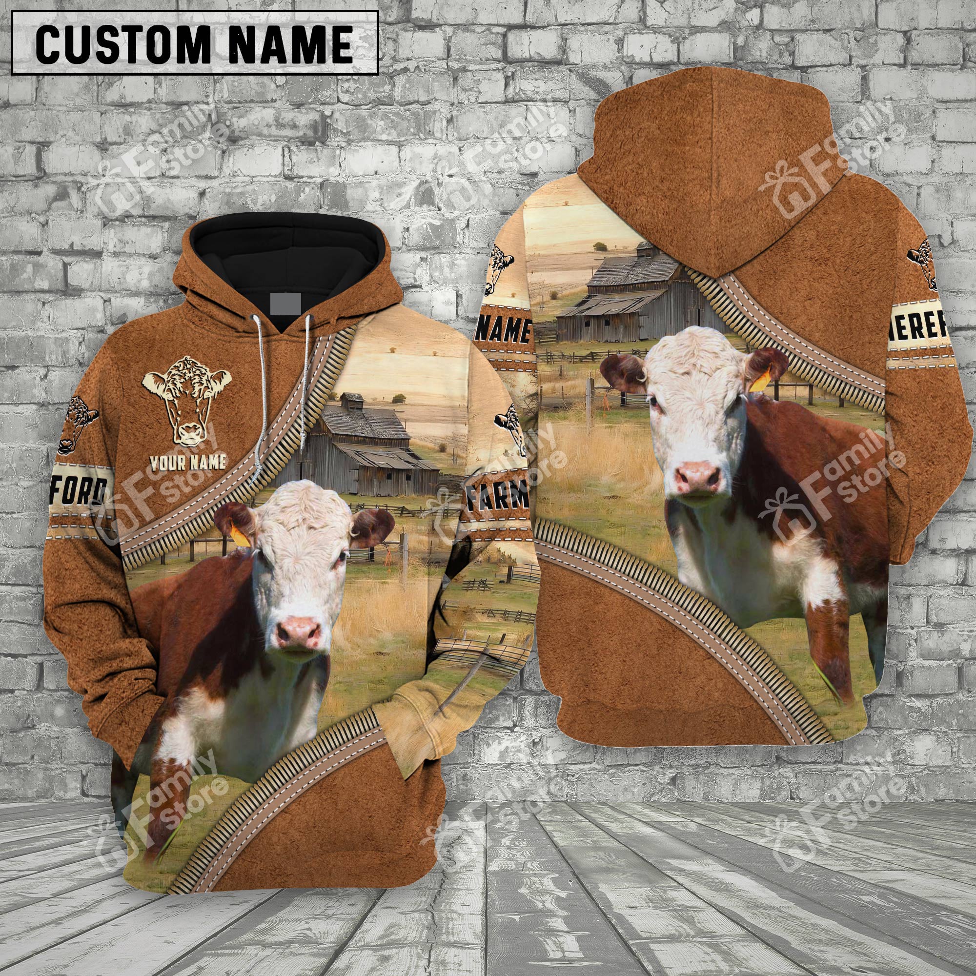 Personalized Name Uni Farm Hereford Cattle Light Brown Hoodie