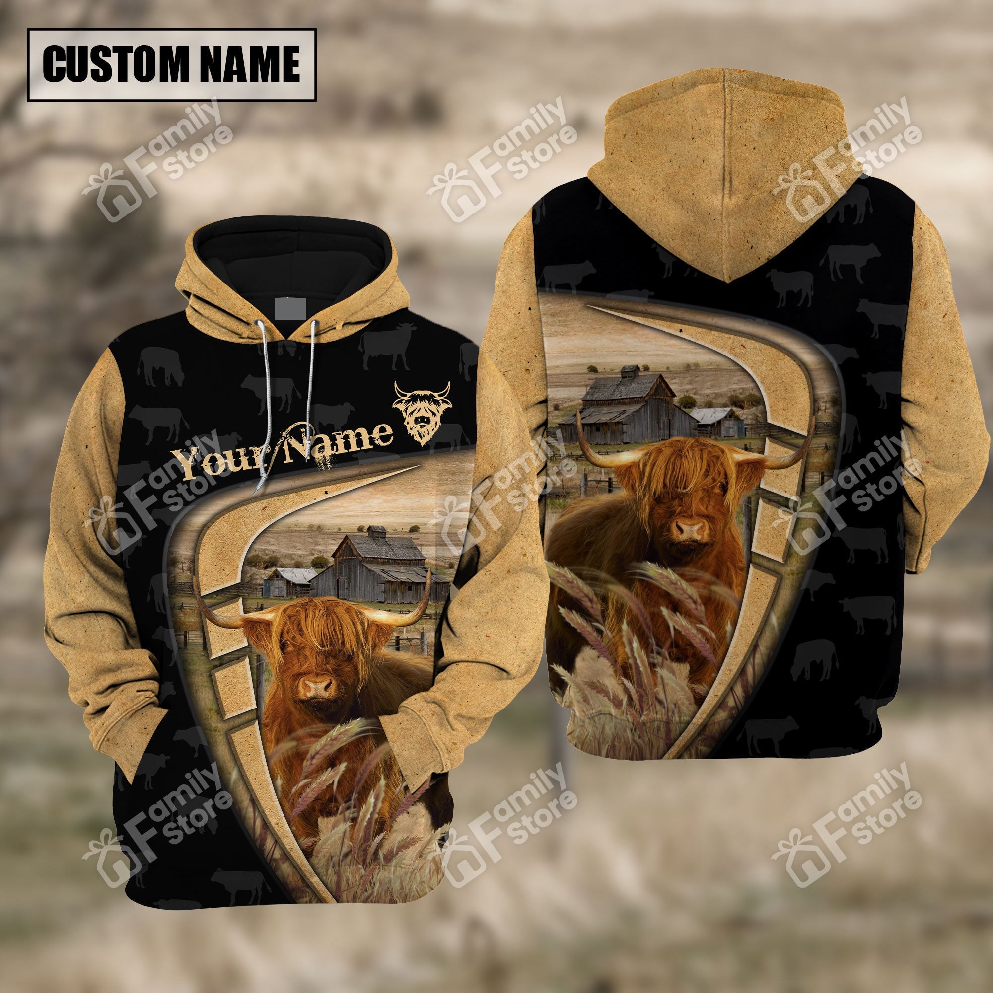 Personalized Name Uni Farm Highland Black Yellow Hoodie