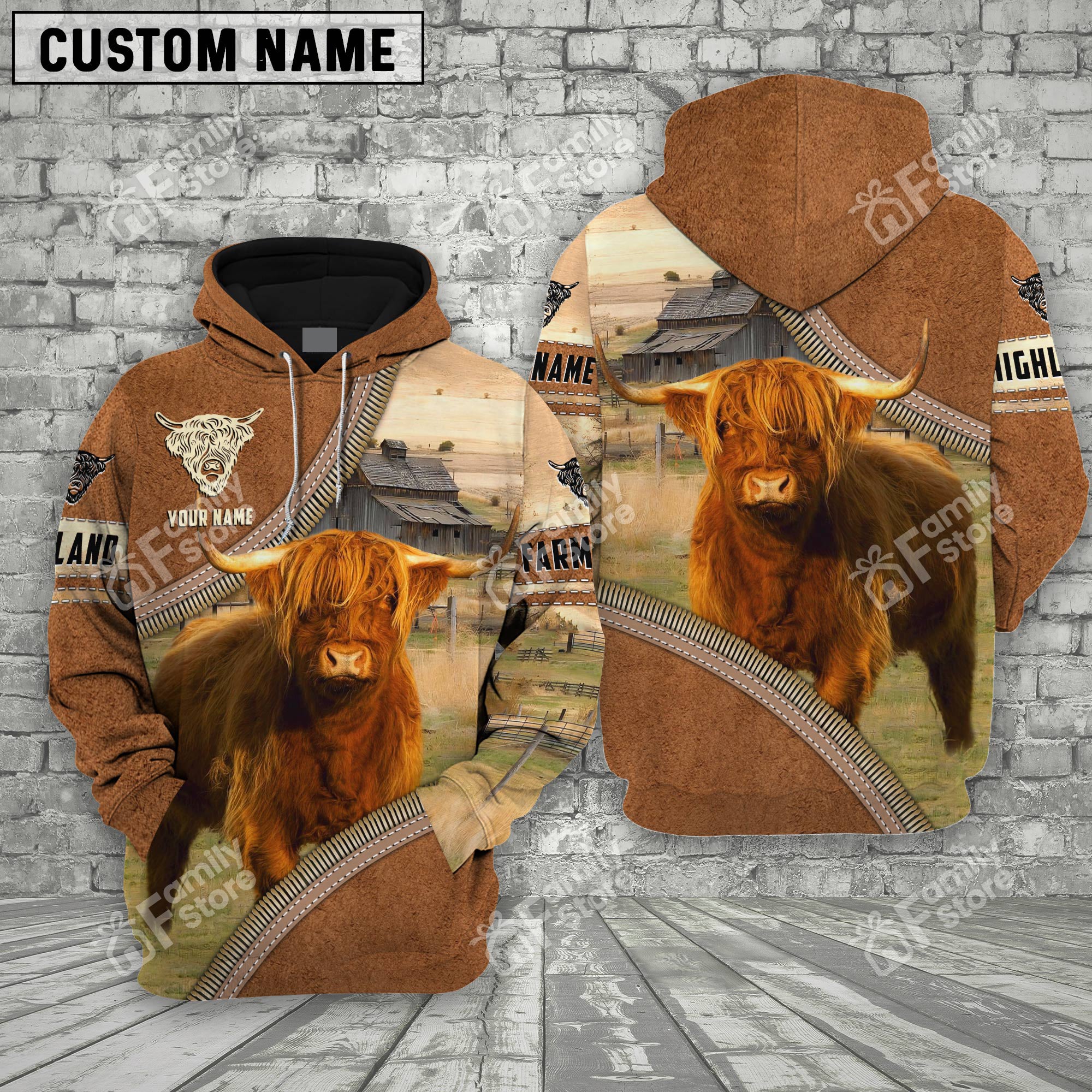 Personalized Name Uni Farm Highland Cattle Light Brown Hoodie