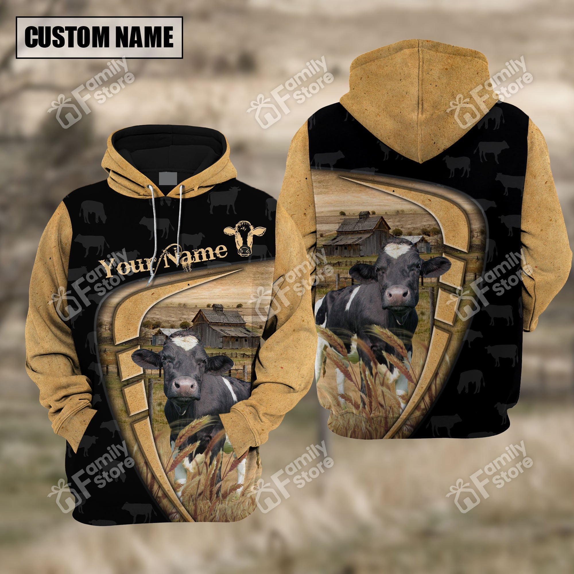 Personalized Name Uni Farm Holstein Black Yellow Hoodie