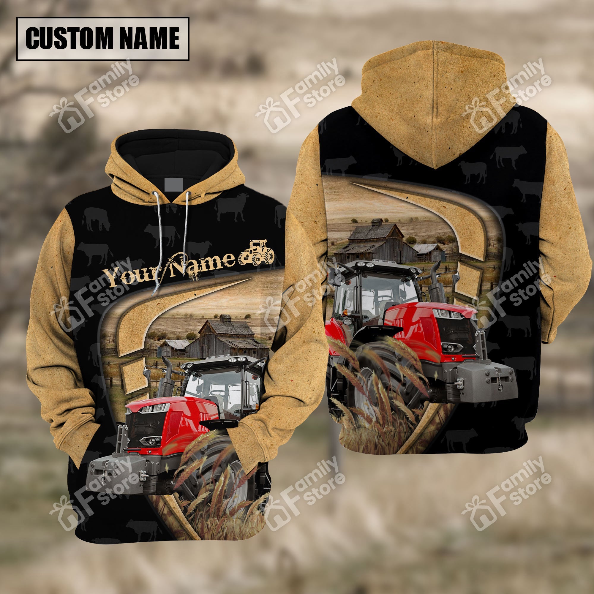 Personalized Name Uni Farm Red Tractor Black Yellow Hoodie