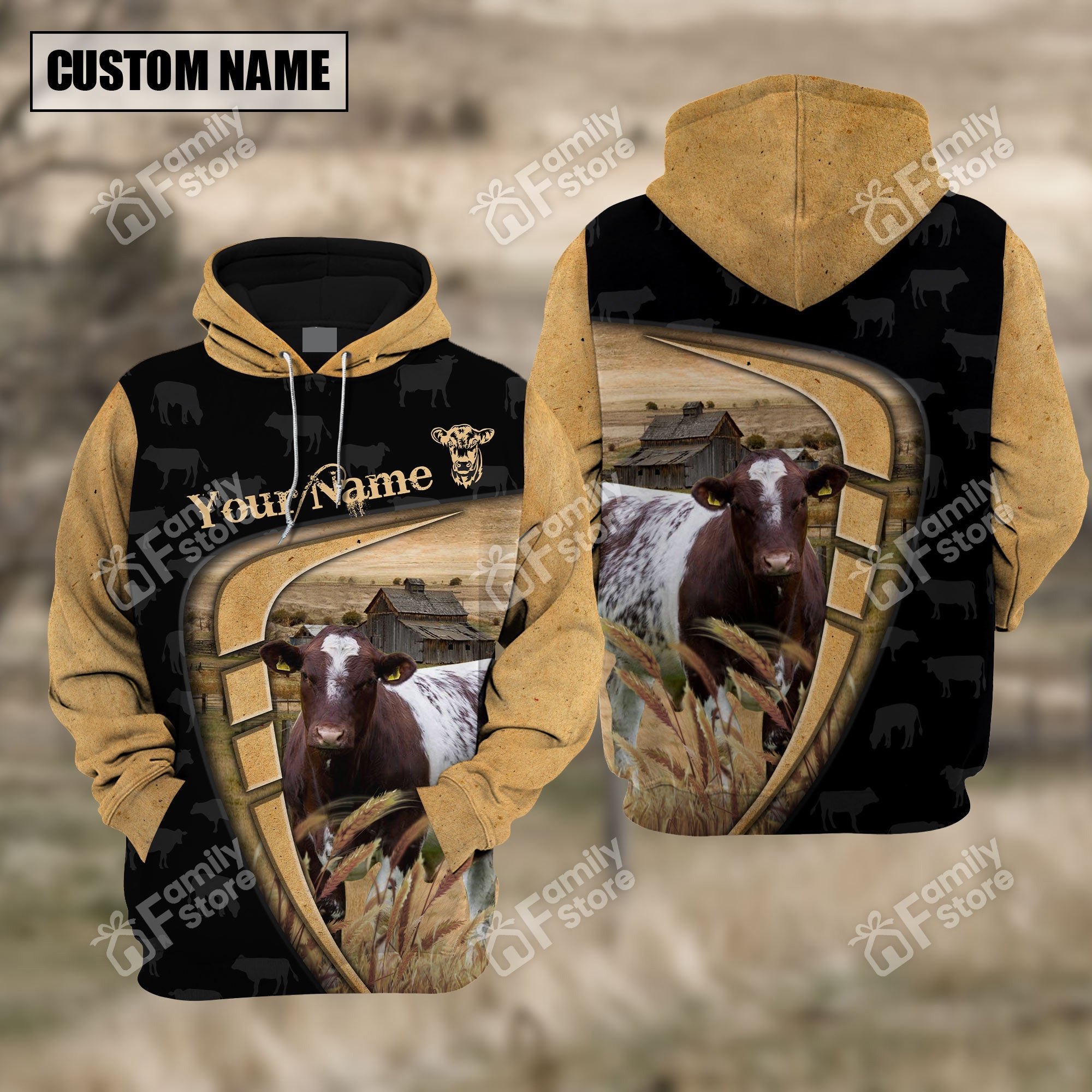 Personalized Name Uni Farm Shorthorn Black Yellow Hoodie