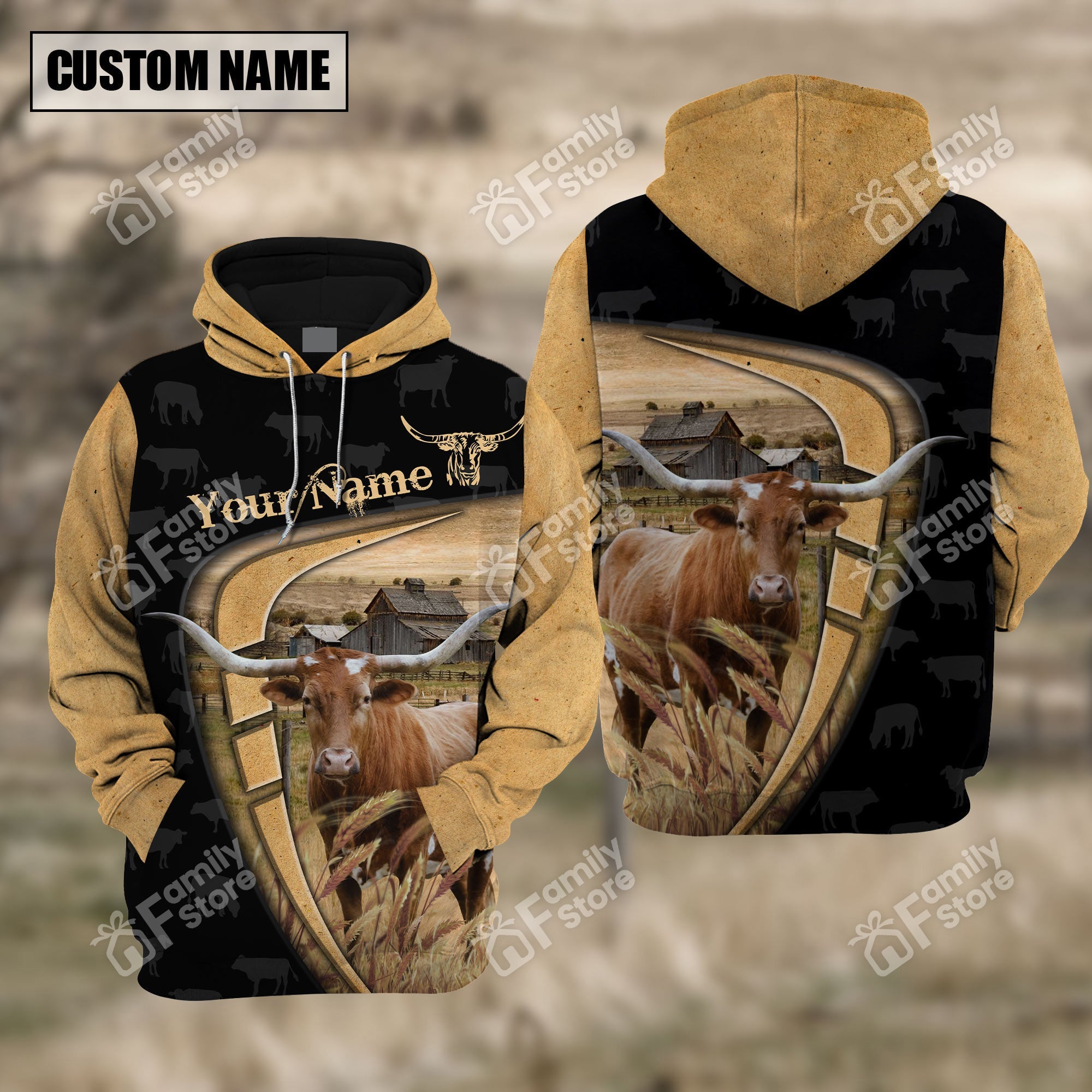 Personalized Name Uni Farm Texas Longhorn Black Yellow Hoodie