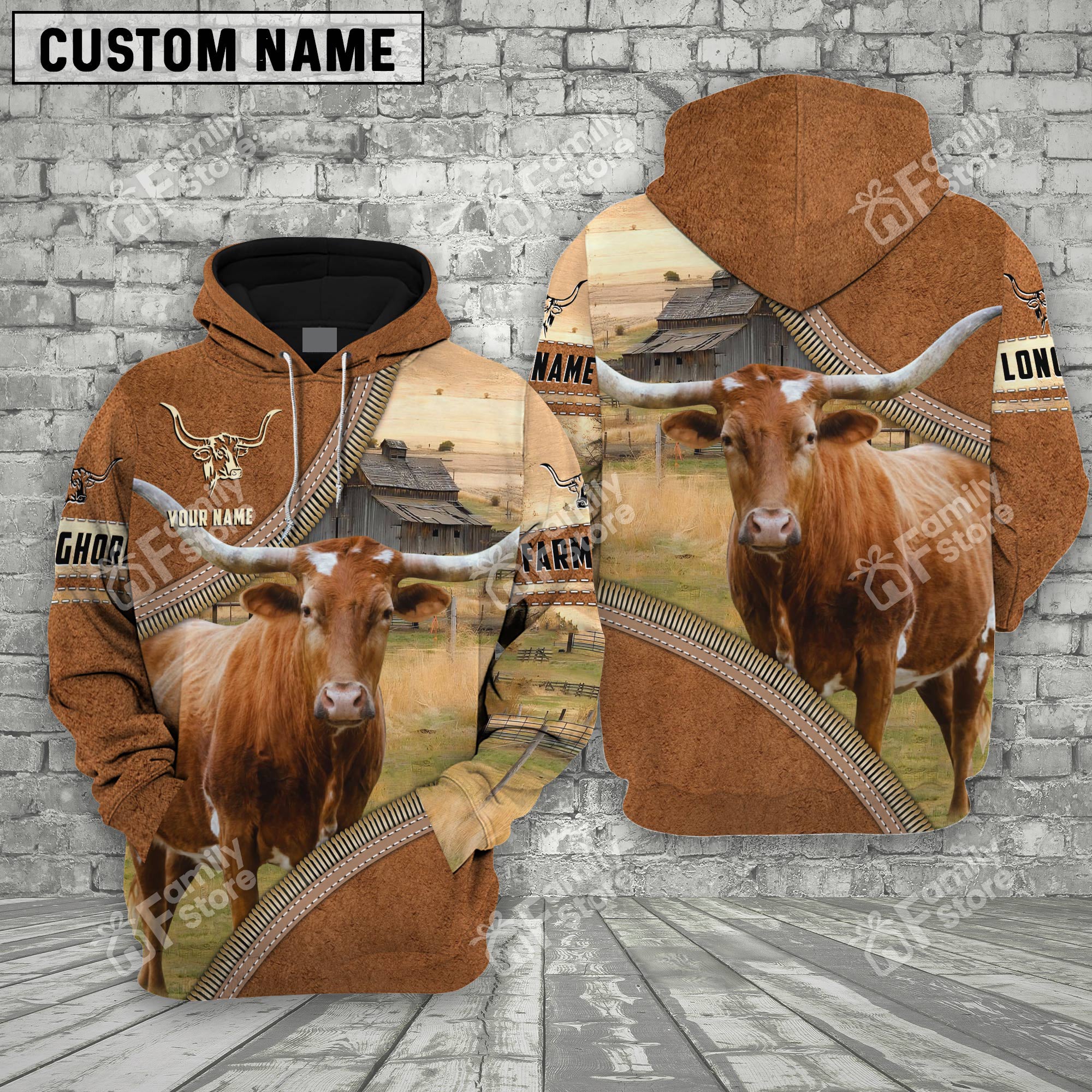 Personalized Name Uni Farm Texas Longhorn Cattle Light Brown Hoodie