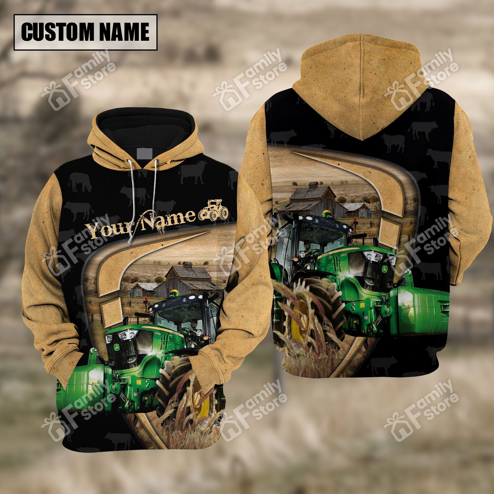 Personalized Name Uni Farm Tractor Black Yellow Hoodie