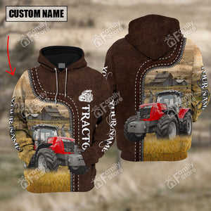 Personalized Uni Red Tractor Farming Leather Pattern 3D Hoodie