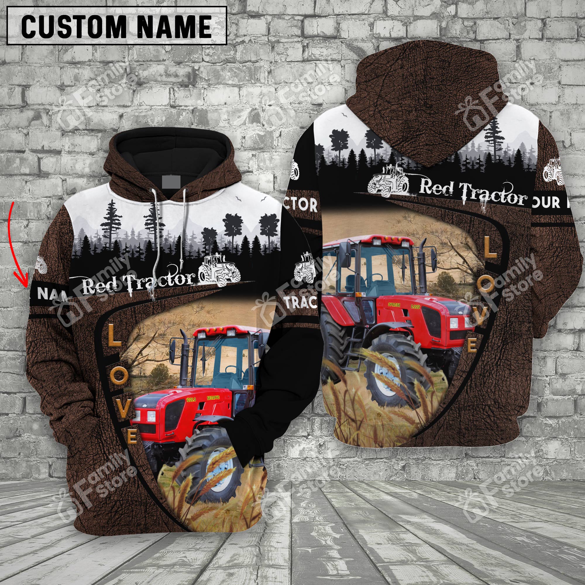 Personalized Uni Red Tractor On Farms Printed 3D Wooden Forest Hoodie