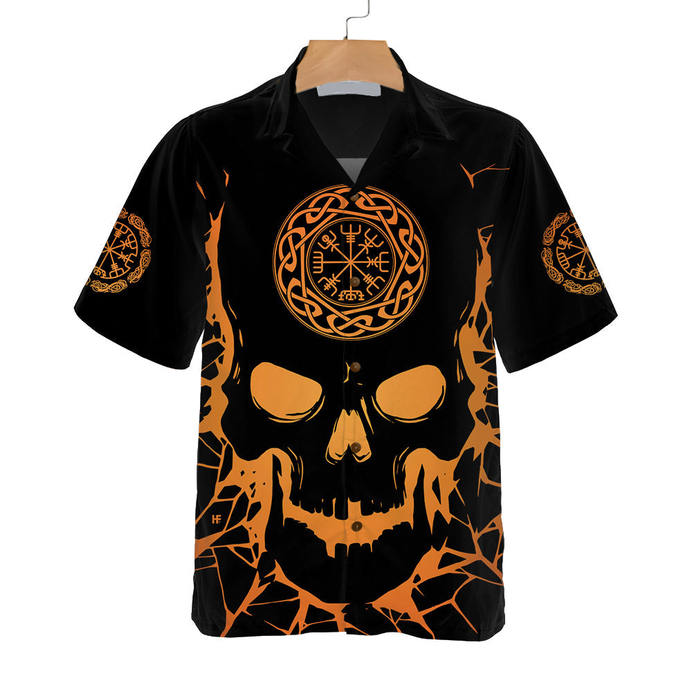 Cool Orange Pattern Black Viking Skull With Backbone Axe Hawaiian Shirt