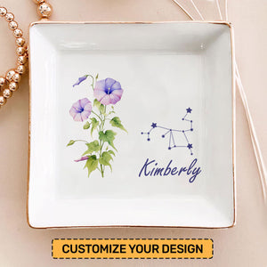 Birth Month Zodiac Flower - Personalized Jewelry Dish - Gift For Grandma, Mom, Girlfriend, Wife, Bestie, Sister - NH96