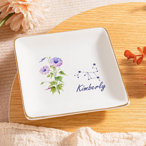 Birth Month Zodiac Flower - Personalized Jewelry Dish - Gift For Grandma, Mom, Girlfriend, Wife, Bestie, Sister - NH96