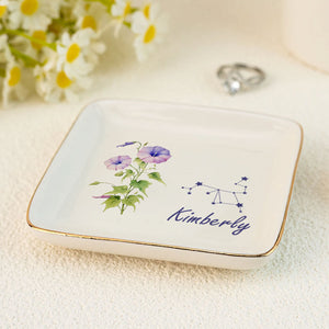 Birth Month Zodiac Flower - Personalized Jewelry Dish - Gift For Grandma, Mom, Girlfriend, Wife, Bestie, Sister - NH96