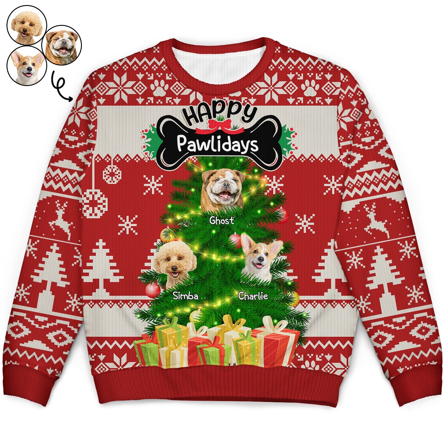 Custom Photo Funny Dog Cat Face Happy Pawlidays - Personalized Ugly Sweater