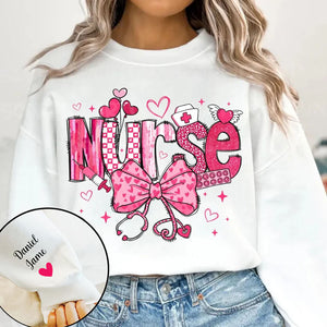 Valentine Nurse Pink Coquette Bow Cupids Favorite Nurse - Custom Sleeve Sweater, Hoodie, Tshirt - Valentine Gift for Nurse