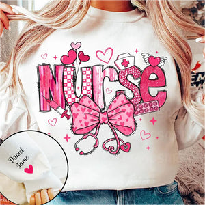 Valentine Nurse Pink Coquette Bow Cupids Favorite Nurse - Custom Sleeve Sweater, Hoodie, Tshirt - Valentine Gift for Nurse