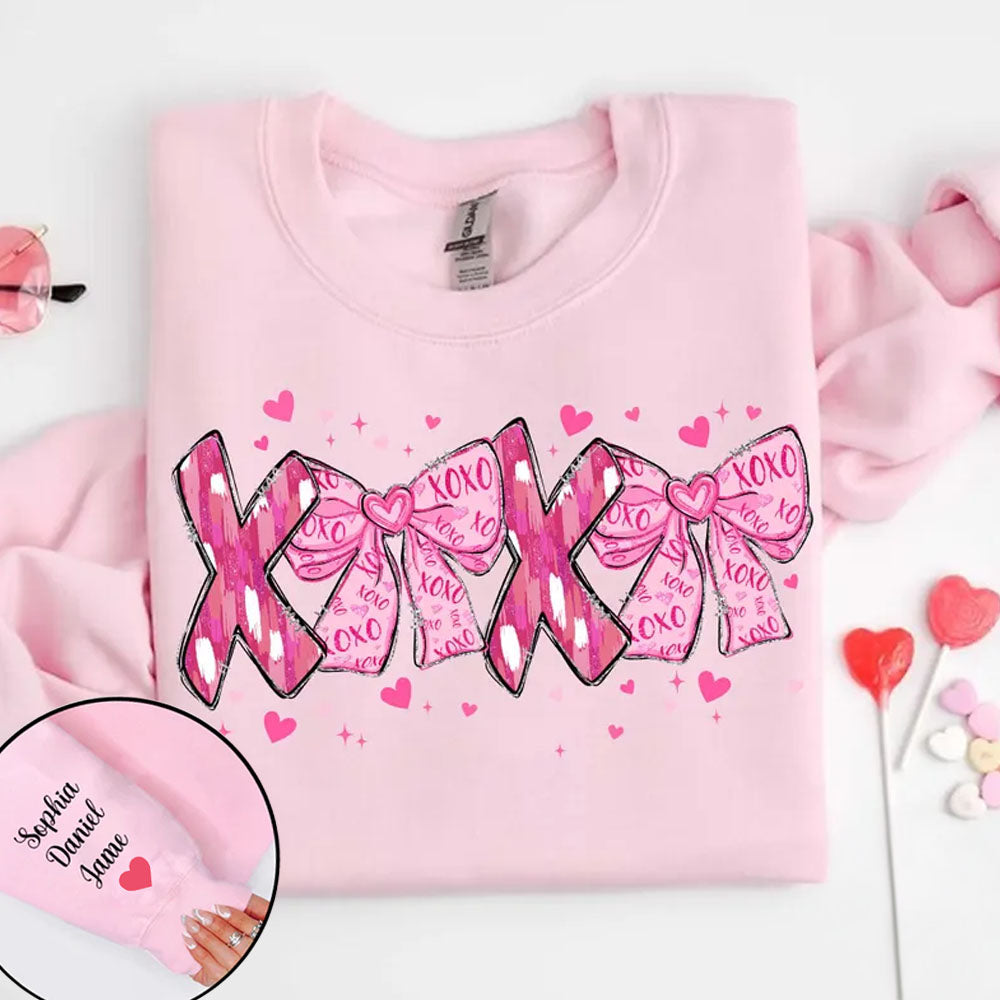 XOXO Heart Bows Pink Coquette Brushstroke - Custom Sleeve Sweater, Hoodie, Tshirt - Valentine Gift for Girlfriend