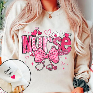 Valentine Nurse Pink Coquette Bow Cupids Favorite Nurse - Custom Sleeve Sweater, Hoodie, Tshirt - Valentine Gift for Nurse