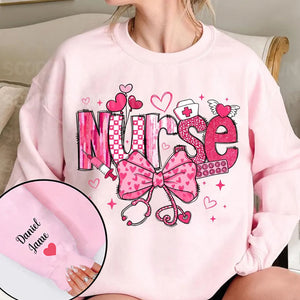 Valentine Nurse Pink Coquette Bow Cupids Favorite Nurse - Custom Sleeve Sweater, Hoodie, Tshirt - Valentine Gift for Nurse