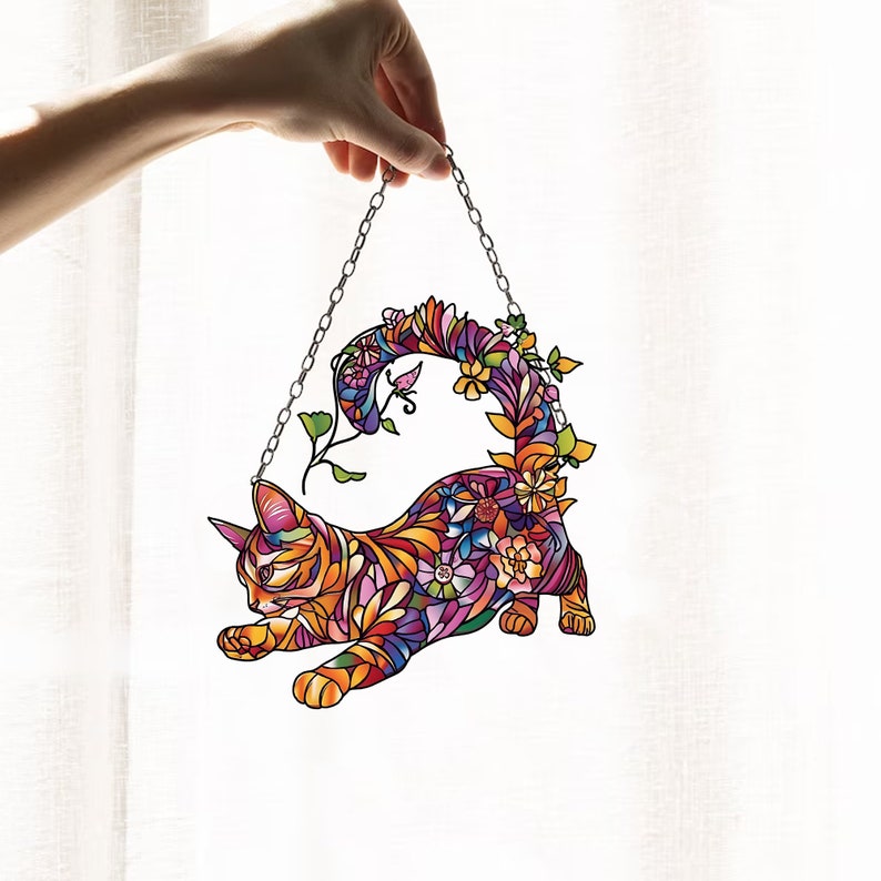 Flower Cat Pattern - Gift For Cat Lovers - Window Hanging Suncatcher Ornament