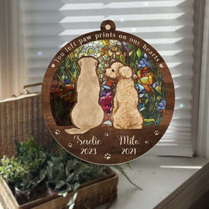 You Left Paw Print In Our Heart - Pet Memorial Gift - Personalized Window Hanging Suncatcher Ornament