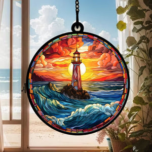 Ocean Wave Sunset Lighthouse - Gift For Friends, Family Members - Window Hanging Suncatcher Ornament