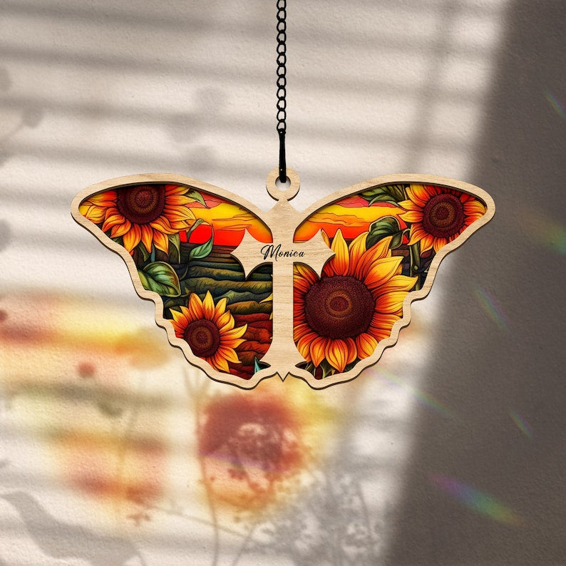 Sunflower Cross Butterfly Loss Of Loved One - Memorial Gift - Personalized Window Hanging Suncatcher Ornament