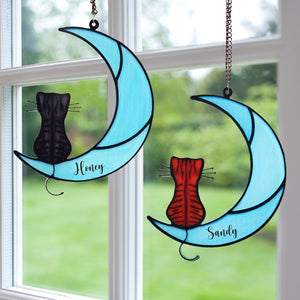 Sleeping Cat On Moon - Gift For Cat Lovers - Personalized Window Hanging Suncatcher Ornament