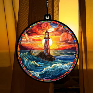 Ocean Wave Sunset Lighthouse - Gift For Friends, Family Members - Window Hanging Suncatcher Ornament