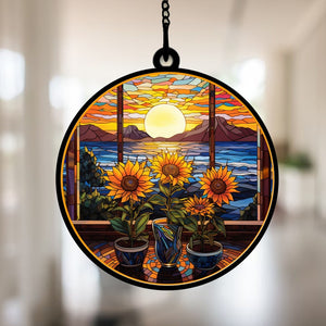 Sunrise In The Top Of Mountain And Sunflowers - Gift For Friends, Family Members - Window Hanging Suncatcher Ornament