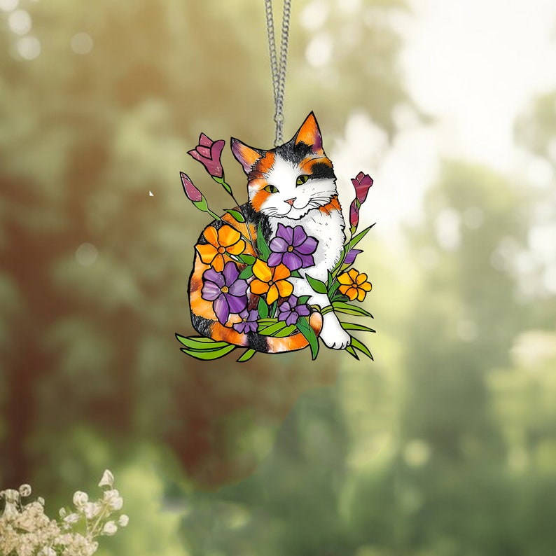 Calico Cat And Flowers - Gift For Cat Lovers - Window Hanging Suncatcher Ornament