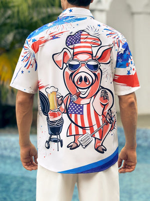 American Flag Mr Pig Cook Chest Pocket Hawaiian Shirt