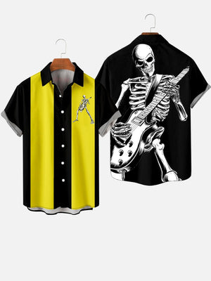 50s Black & Yellow Stripe Skull Printing Button Down Hawaiian Shirt