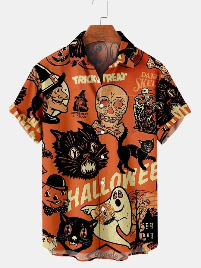 Halloween Cat Print Casual Breathable Hawaiian Shirt For Men