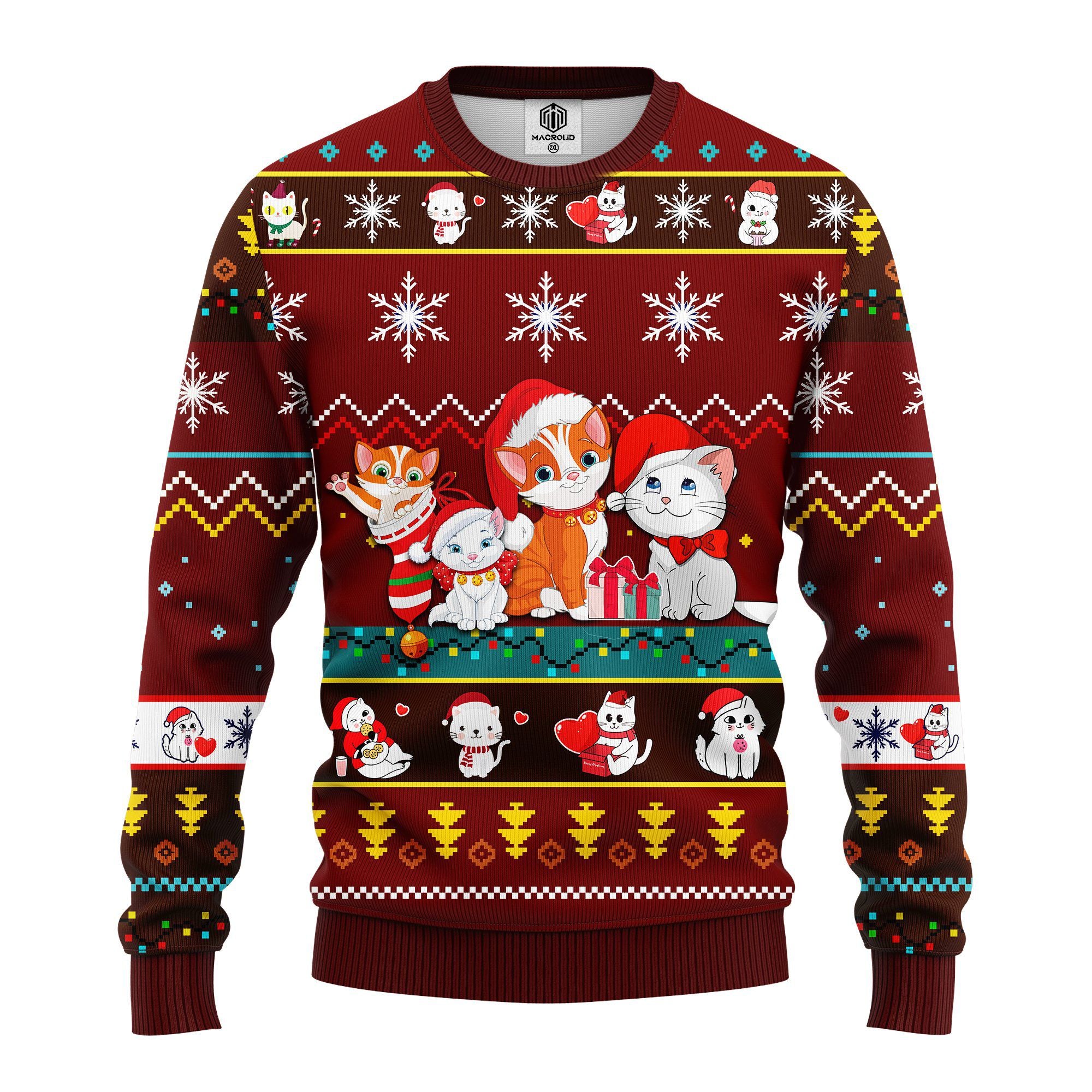 Cat Cartoon Cute Noel Mc Christmas Red Brown - Ugly Sweater