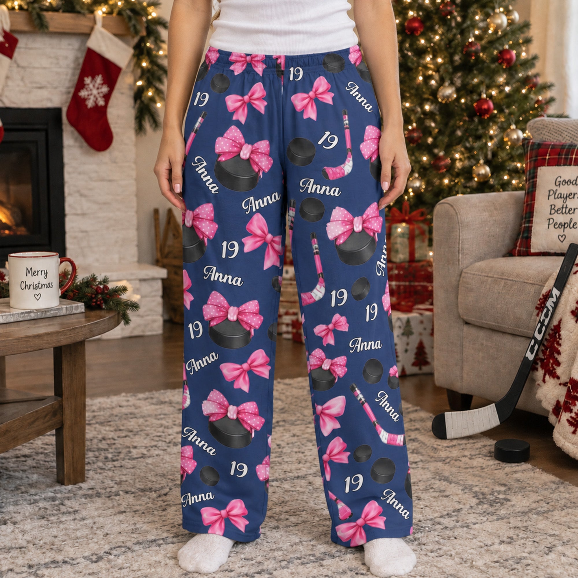 coquette bow hockey custom name number gift for hockey player hockey team personalized lounge pants 1