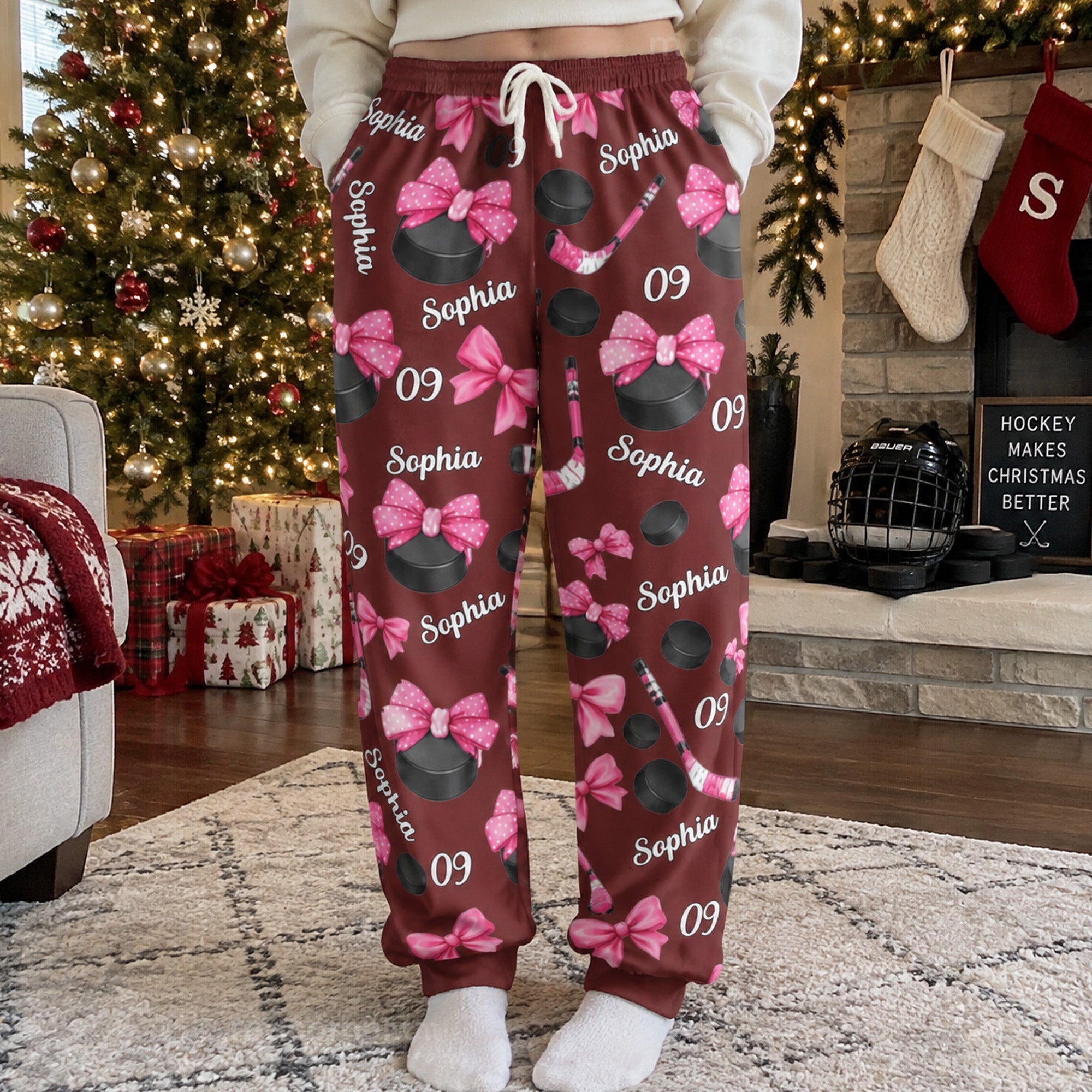coquette bow hockey custom name number gift for hockey player hockey team personalized lounge pants 2