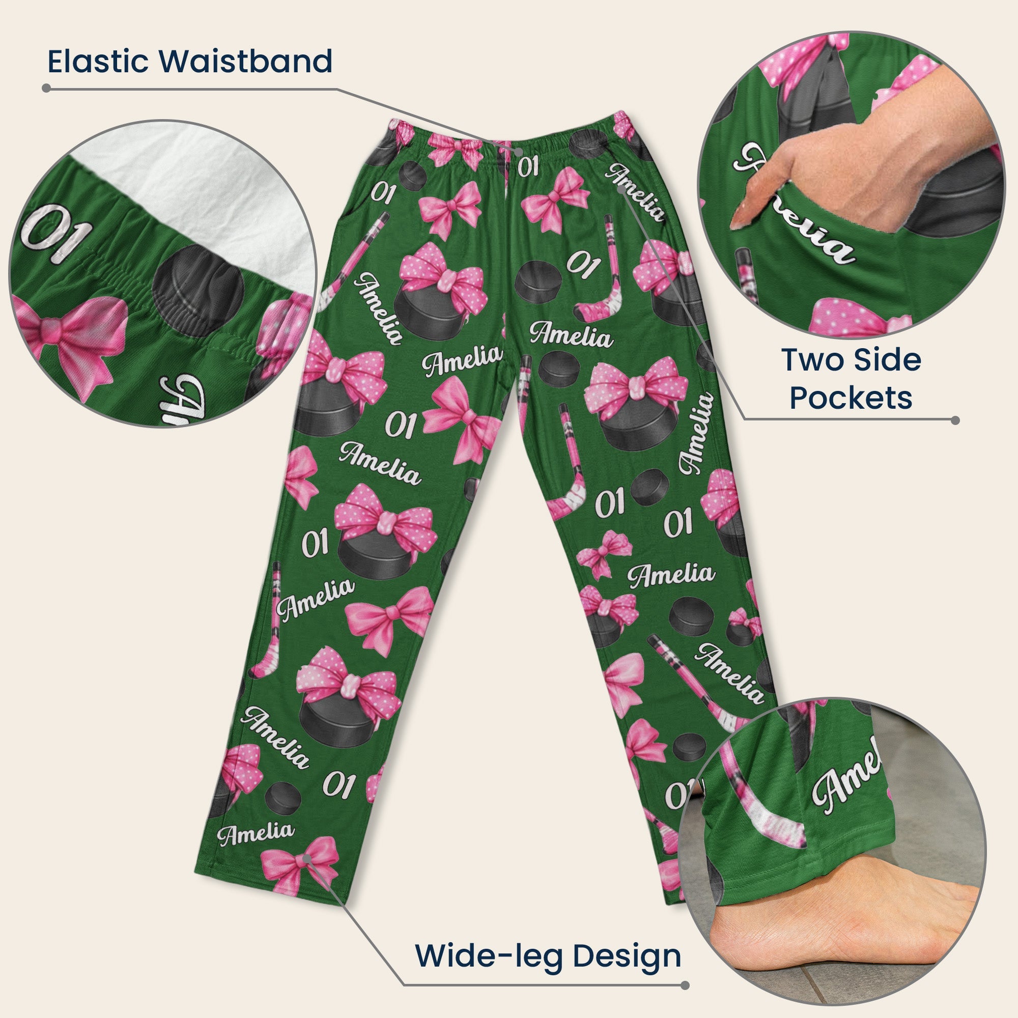 coquette bow hockey custom name number gift for hockey player hockey team personalized lounge pants 9