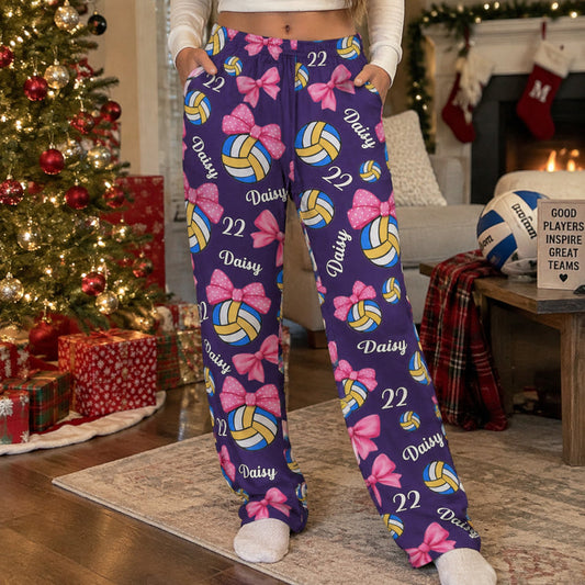 coquette bow volleyball custom name number gift for volleyball player volleyball team personalized lounge pants 1