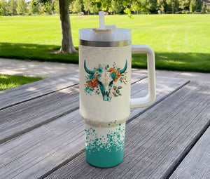 Western Boho Teal Floral Bull Skull  - 40oz Tumbler Cup With Straw