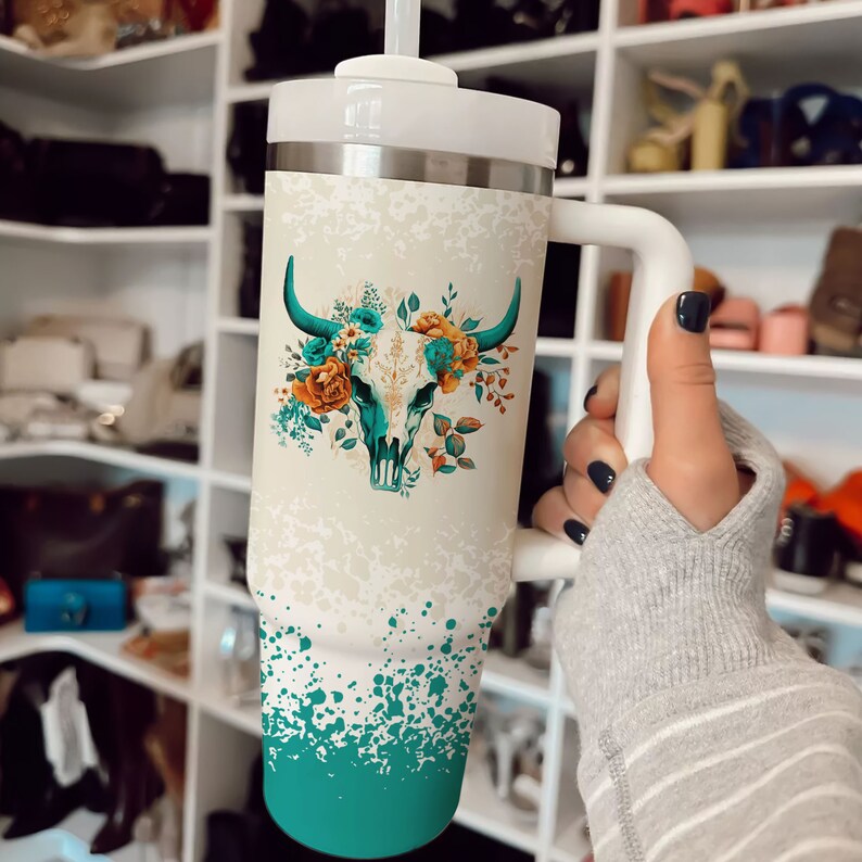 Western Boho Teal Floral Bull Skull  - 40oz Tumbler Cup With Straw