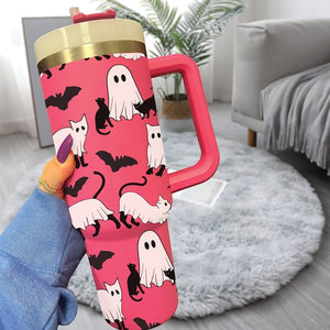 Halloween Cute Ghost Spooky Black Cat - 40oz Tumbler Cup With Straw