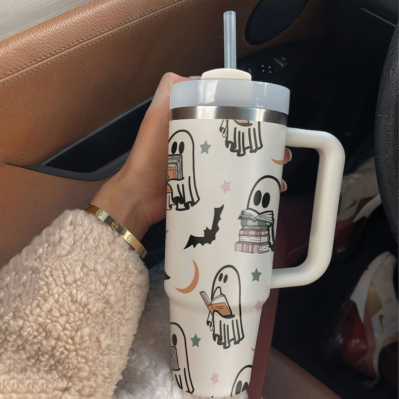 Funny Halloween Ghost Reading Book - 40oz Tumbler Cup With Straw