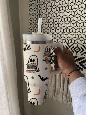 Funny Halloween Ghost Reading Book - 40oz Tumbler Cup With Straw