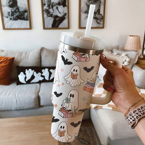 Halloween Funny Cute Ghost Reading Book- 40oz Tumbler Cup With Straw