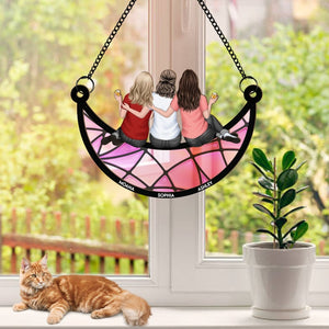 Mom & Daughter Sitting On The Moon - Gift For Mom, Grandma - Personalized Window Hanging Suncatcher Ornament