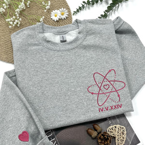 Matching Atom Love Numerals Date  - Embroidered Hoodie, Sweatshirt, Tshirt - Anniversary Gift for Couple