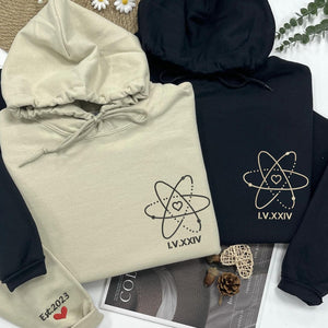 Matching Atom Love Numerals Date  - Embroidered Hoodie, Sweatshirt, Tshirt - Anniversary Gift for Couple