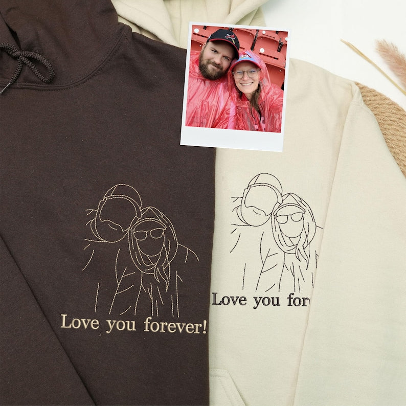 Custom Photo Portrait  - Embroidered Hoodie, Sweatshirt, Tshirt - Anniversary Gift for Couple