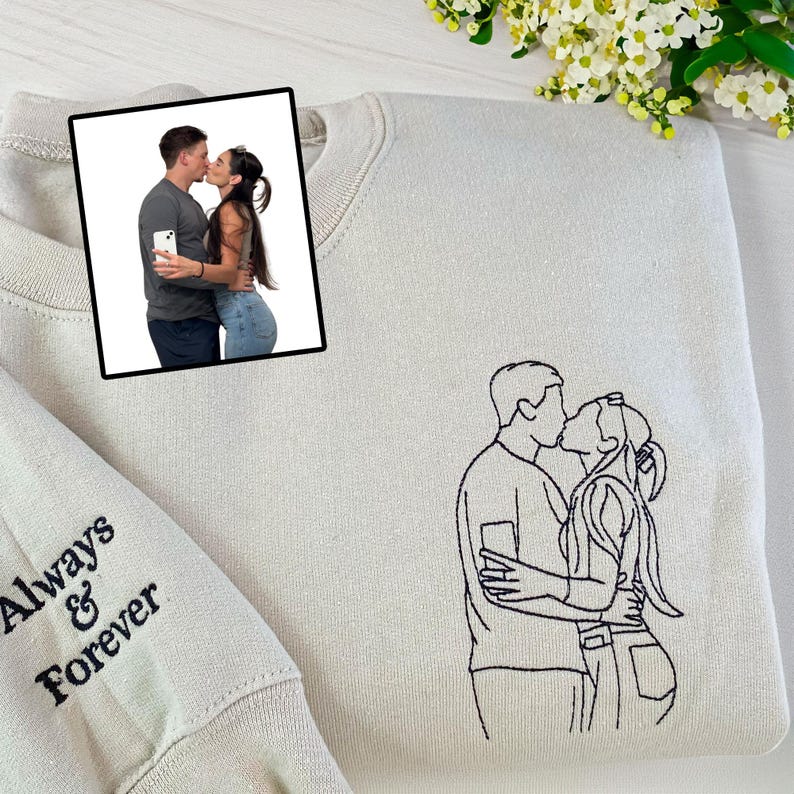 Custom Portrait From Photo- Embroidered Hoodie, Sweatshirt, Tshirt - Valentine Gift for Girlfriend, Boyfriend