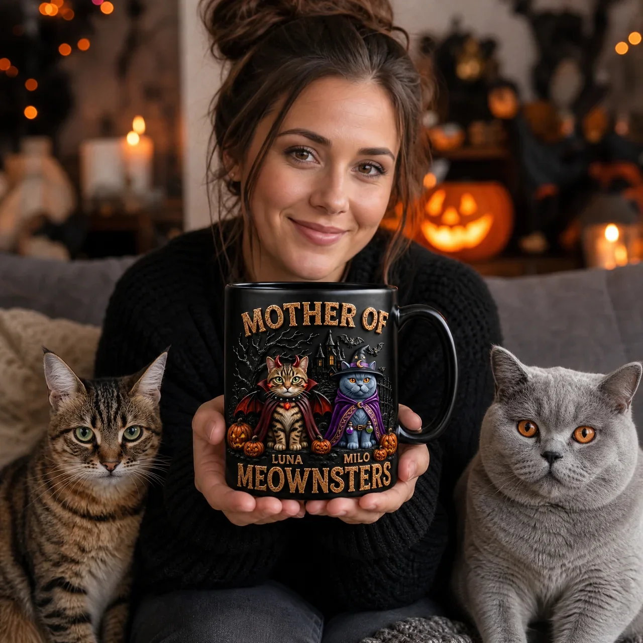 Mother of Meownsters Halloween - Personalized Black Ceramic Mug - Gifts For Her, Cat Mom